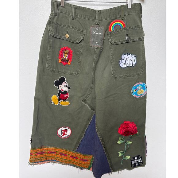 Linne by Gunda Japanese Denim Army Green Midi Skirt Embellished Mickey Women 30" - Picture 5 of 11